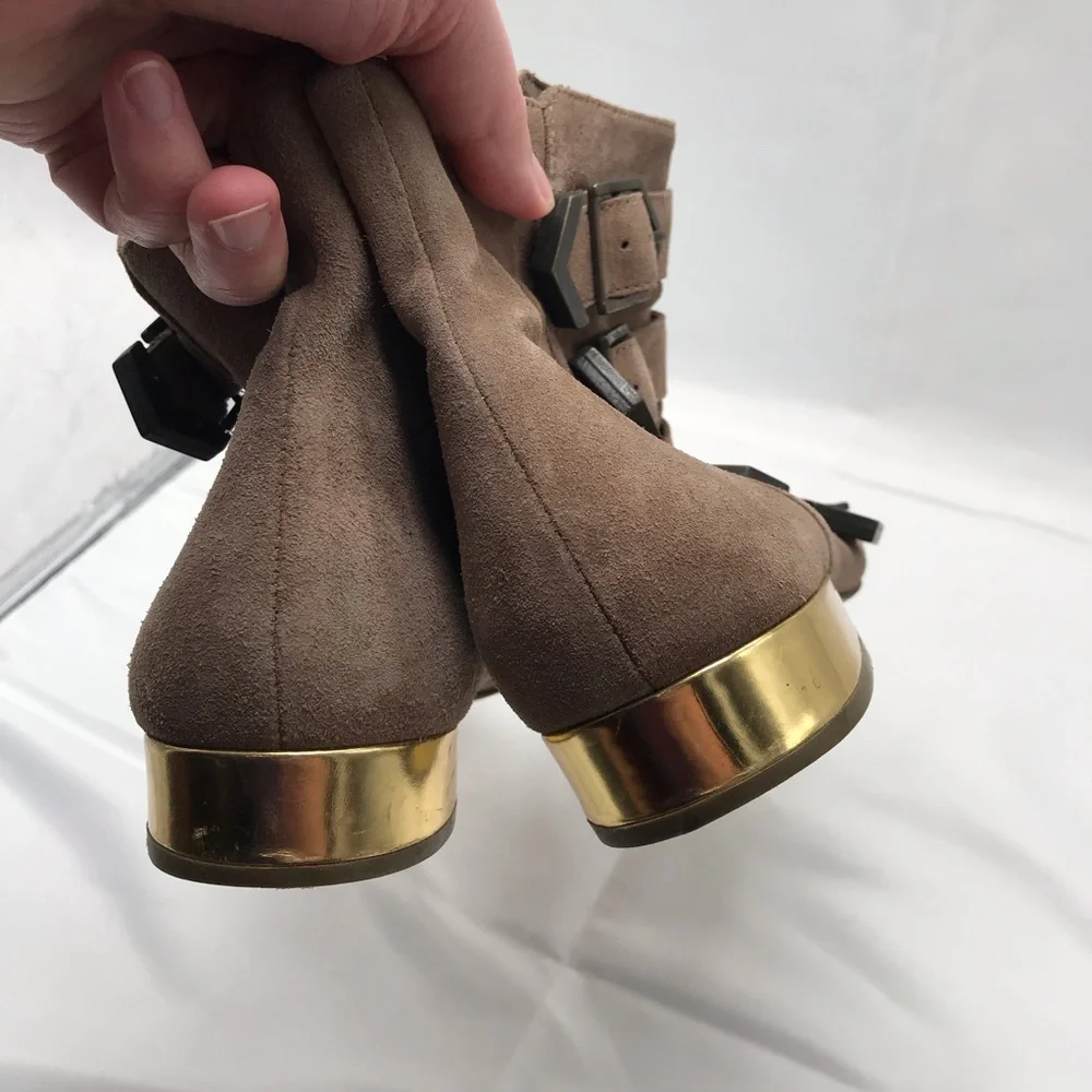 Sam Edelman Nolan tan moto style buckle ankle boots gold metal heel size 6 M